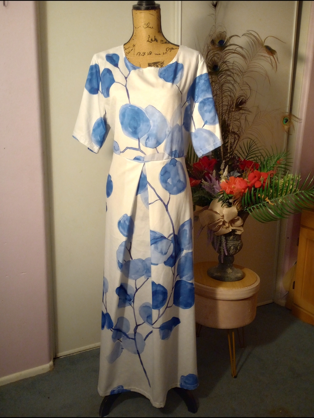 White Maxi Dress with Blue Watercolor Floral Print